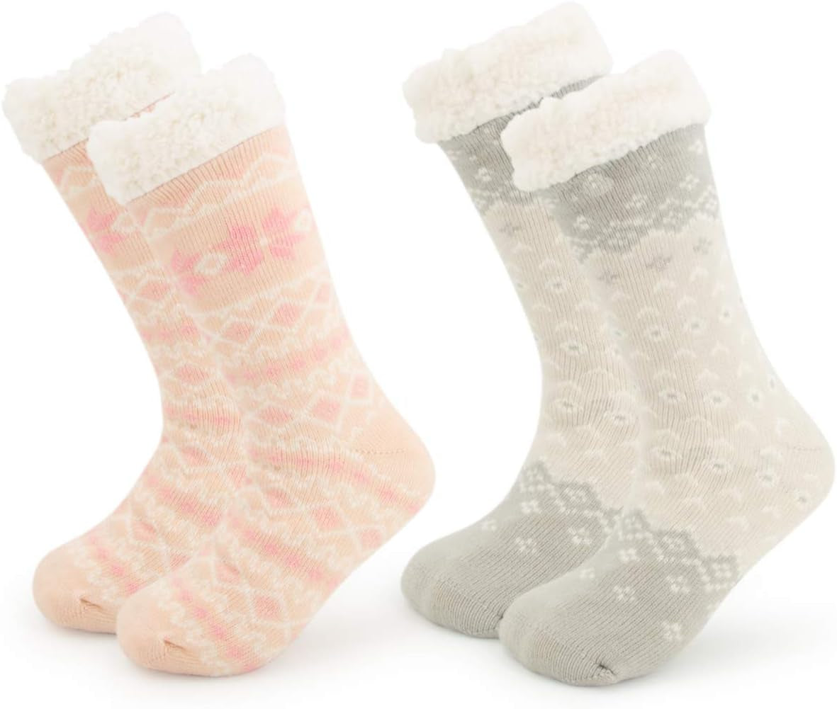 DG Hill Sock Slippers for Women - 2 Pack Non Slip Socks - Fuzzy Socks Warm Socks with Grippers Sherpa Fleece Lined Thermal