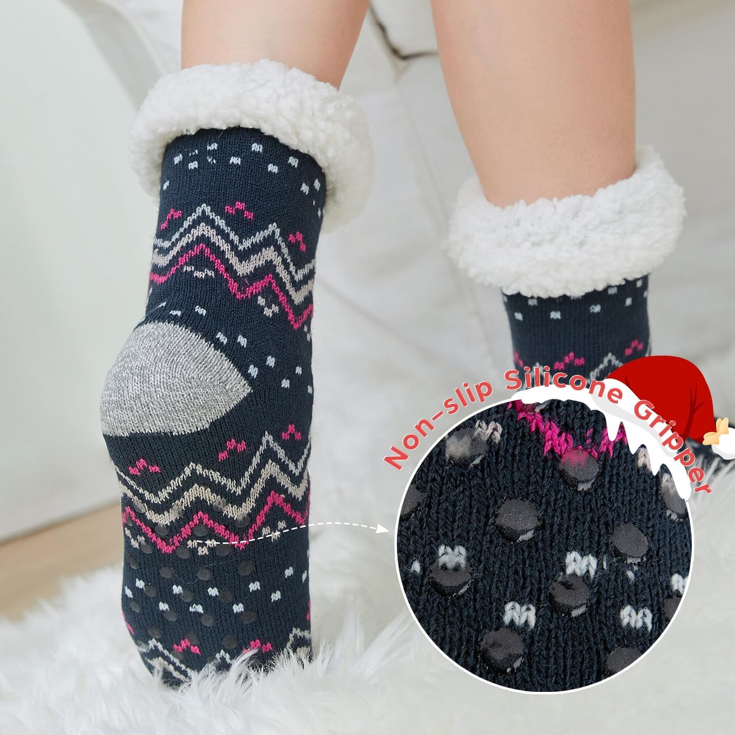 DG Hill Sock Slippers for Women - 2 Pack Non Slip Socks - Fuzzy Socks Warm Socks with Grippers Sherpa Fleece Lined Thermal