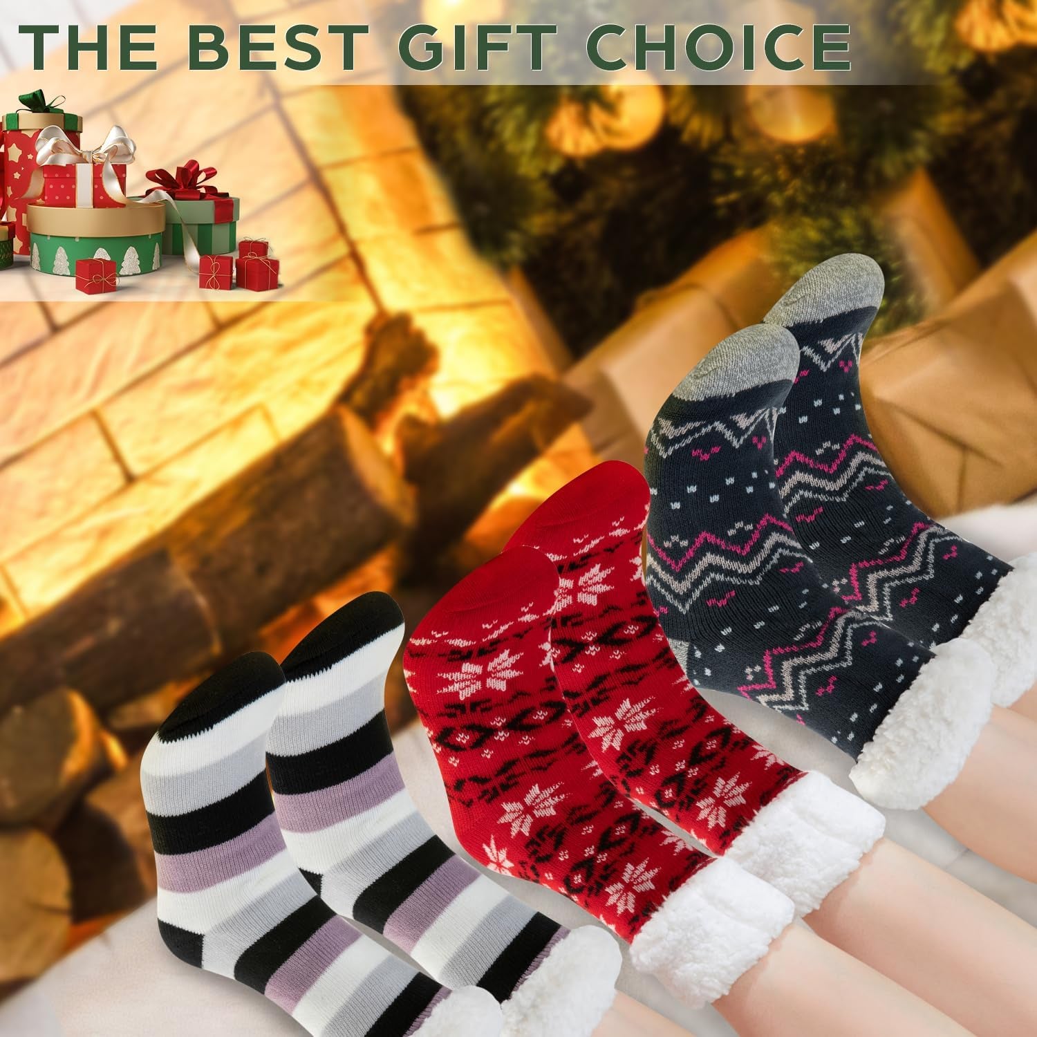 DG Hill Sock Slippers for Women - 2 Pack Non Slip Socks - Fuzzy Socks Warm Socks with Grippers Sherpa Fleece Lined Thermal