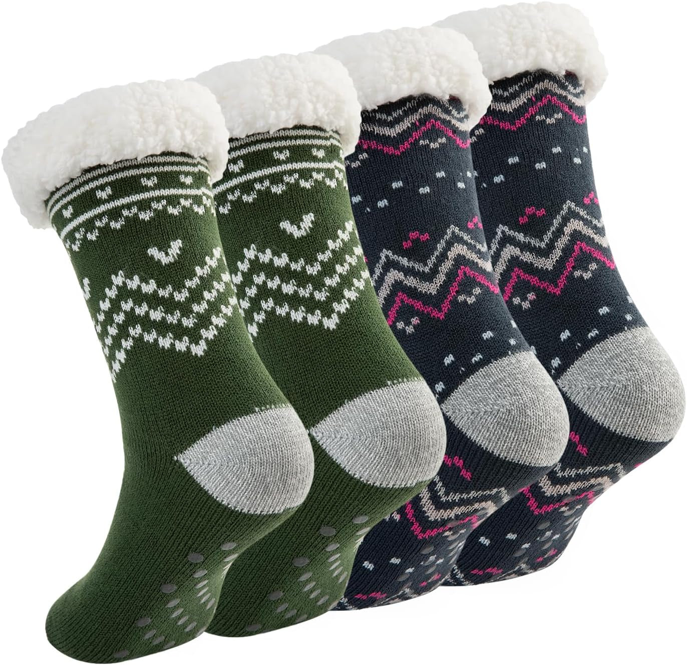 DG Hill Sock Slippers for Women - 2 Pack Non Slip Socks - Fuzzy Socks Warm Socks with Grippers Sherpa Fleece Lined Thermal