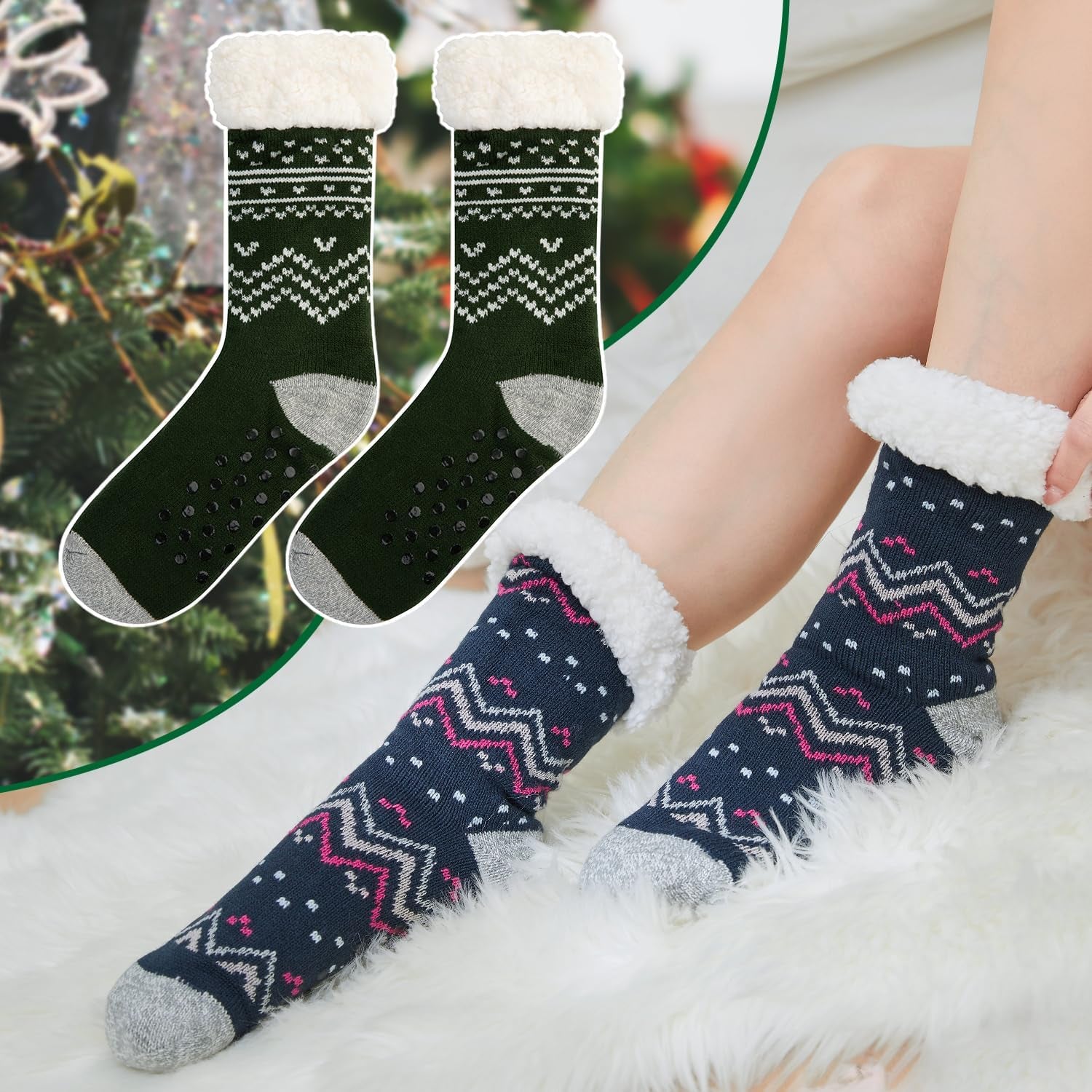 DG Hill Sock Slippers for Women - 2 Pack Non Slip Socks - Fuzzy Socks Warm Socks with Grippers Sherpa Fleece Lined Thermal